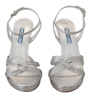 Prada Silver Leather Sandals Ankle Strap Heels Stiletto - DEA STILOSA MILANO