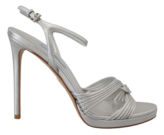Prada Silver Leather Sandals Ankle Strap Heels Stiletto - DEA STILOSA MILANO