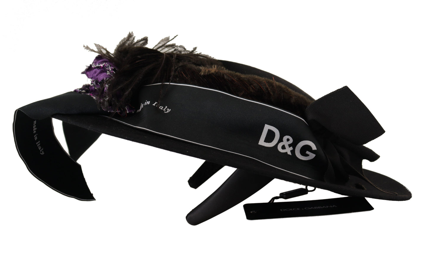 Dolce & Gabbana Black Lapil Crystal Heart Feather Brooch Fedora Hat - DEA STILOSA MILANO