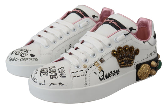 Dolce & Gabbana White Leather Crystal Queen Crown Sneakers Shoes - DEA STILOSA MILANO