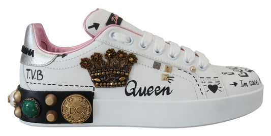 Dolce & Gabbana White Leather Crystal Queen Crown Sneakers Shoes - DEA STILOSA MILANO
