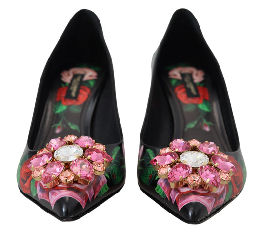 Dolce & Gabbana Black Floral Print Crystal Heels Pumps Shoes - DEA STILOSA MILANO