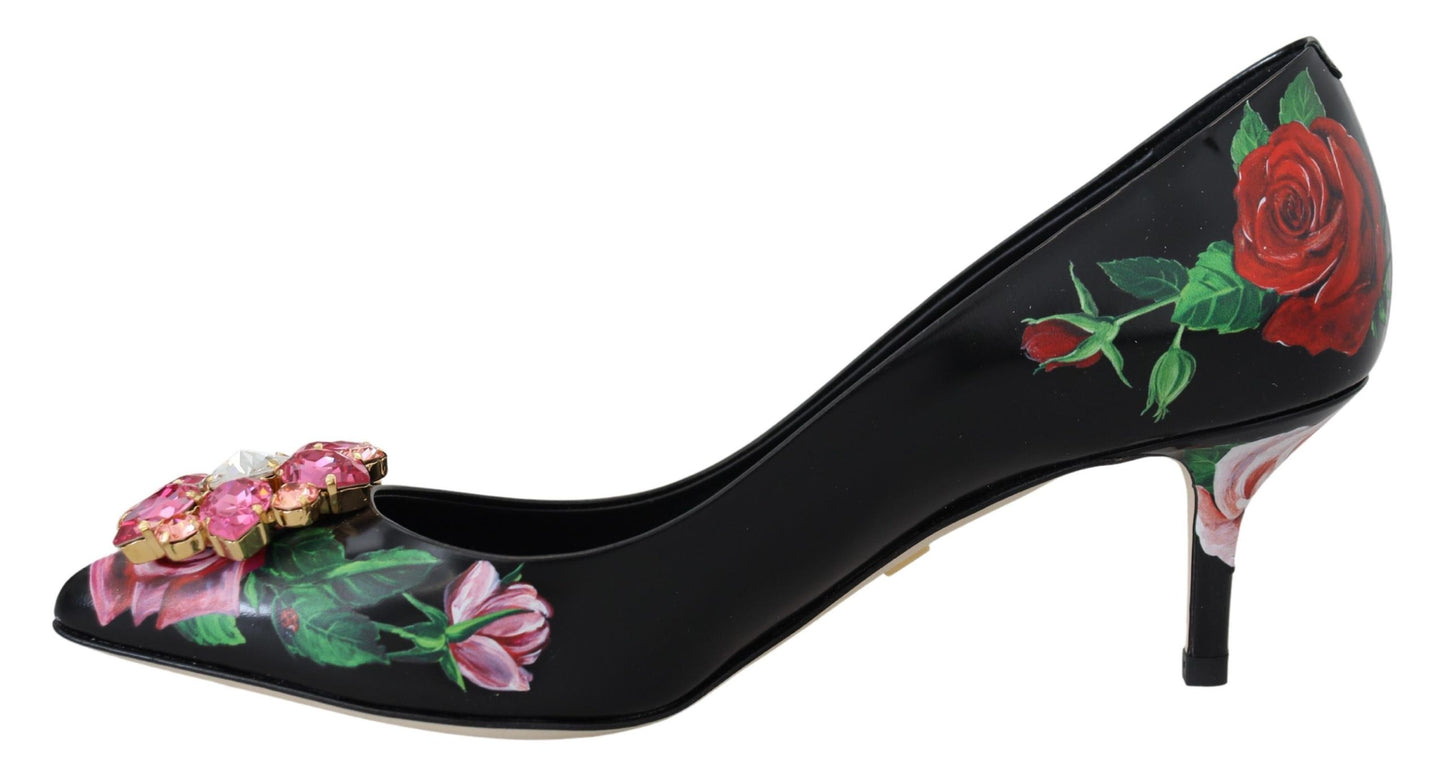 Dolce & Gabbana Black Floral Print Crystal Heels Pumps Shoes - DEA STILOSA MILANO