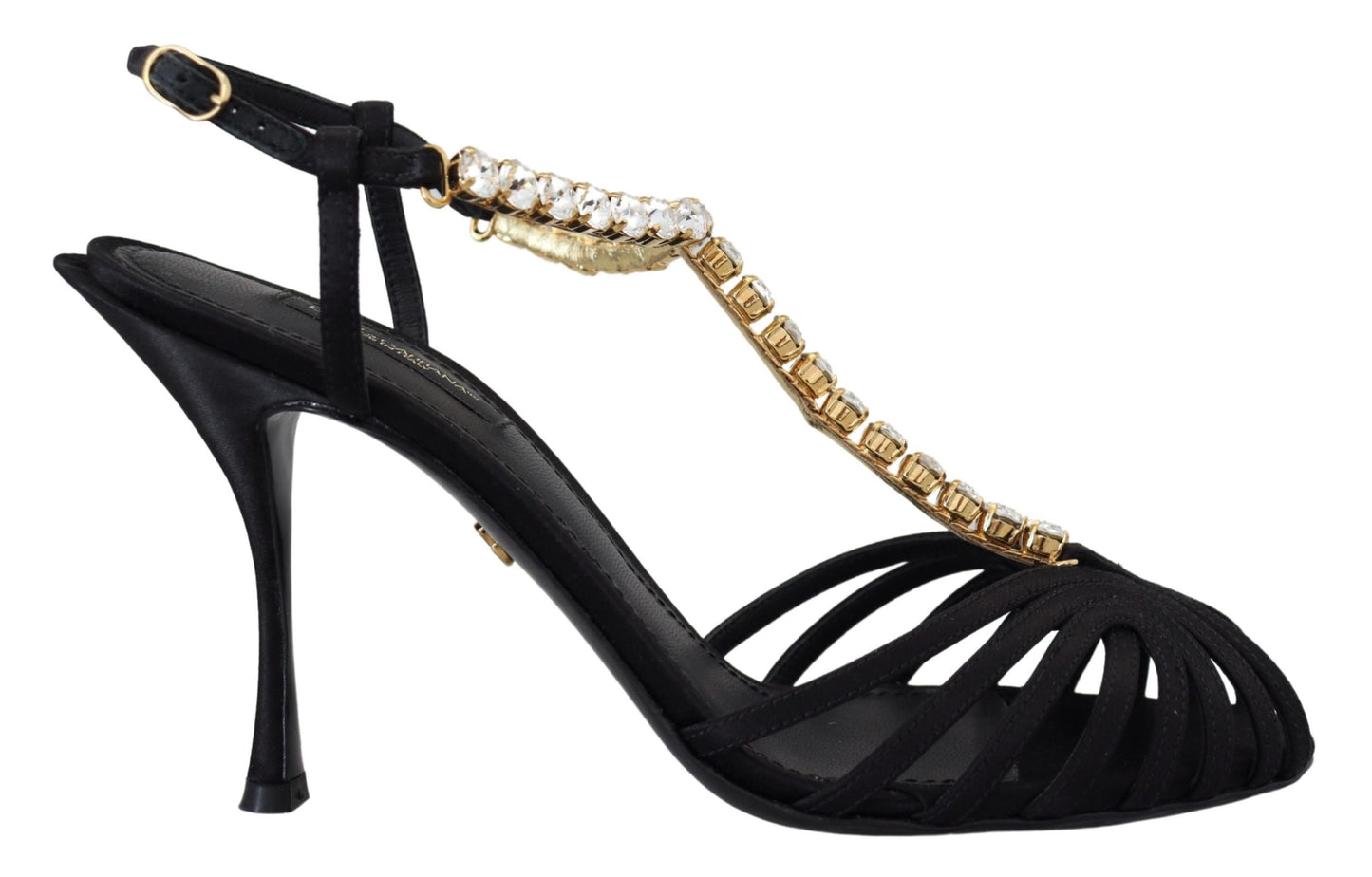Dolce & Gabbana Black Satin Clear Crystal T-strap Sandal Shoes - DEA STILOSA MILANO