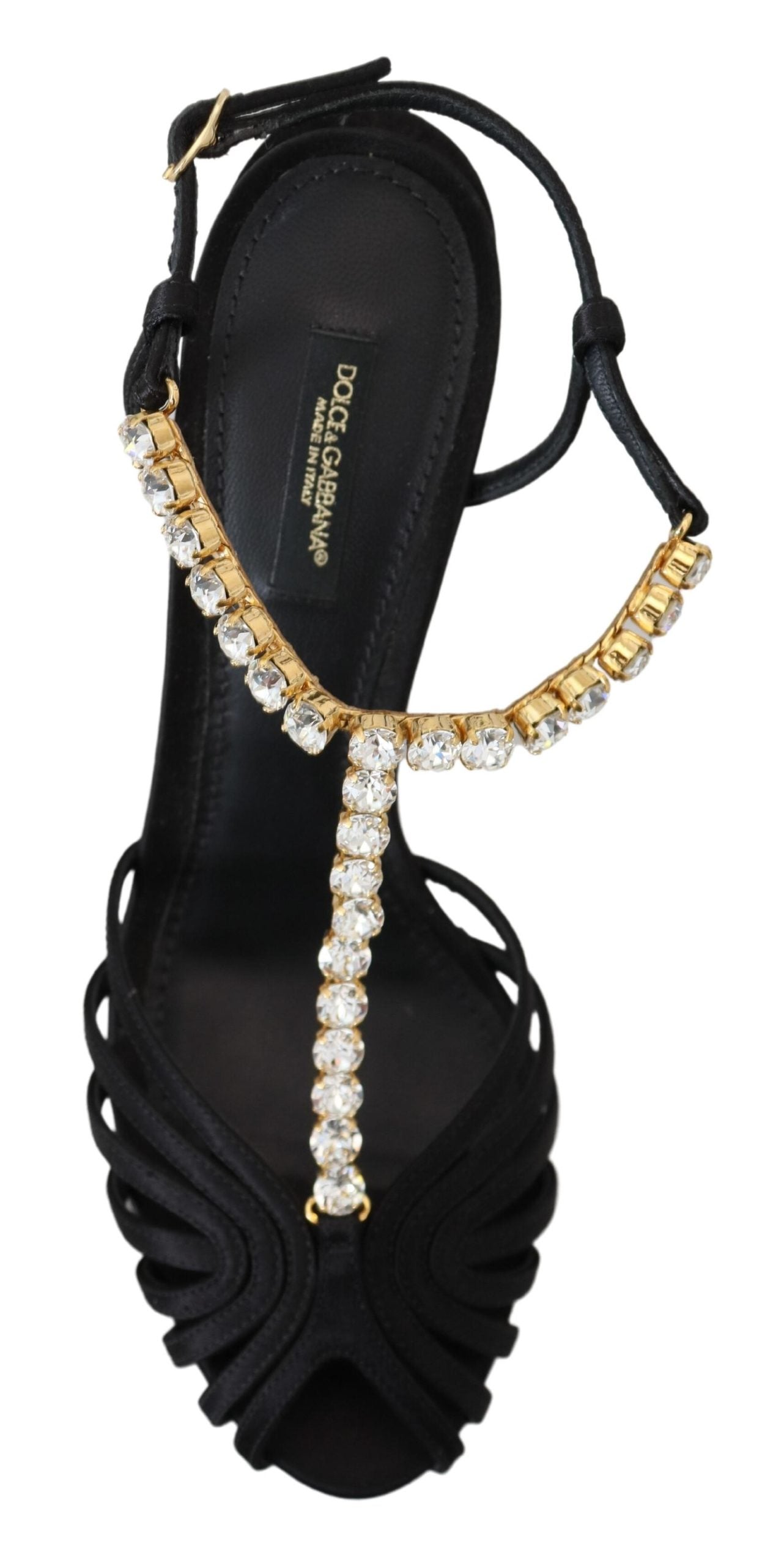 Dolce & Gabbana Black Satin Clear Crystal T-strap Sandal Shoes - DEA STILOSA MILANO