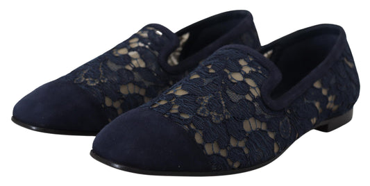 Dolce & Gabbana Blue Floral Lace Slip Ons Loafers Flats Shoes - DEA STILOSA MILANO