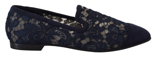 Dolce & Gabbana Blue Floral Lace Slip Ons Loafers Flats Shoes - DEA STILOSA MILANO