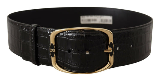 Dolce & Gabbana Black Crocodile Print Gold Metal DG Logo Buckle Belt - DEA STILOSA MILANO