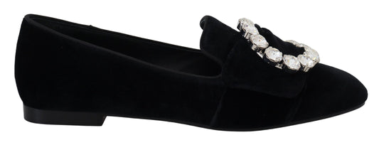 Dolce & Gabbana Black Velvet Crystals Loafers Flats Shoes - DEA STILOSA MILANO
