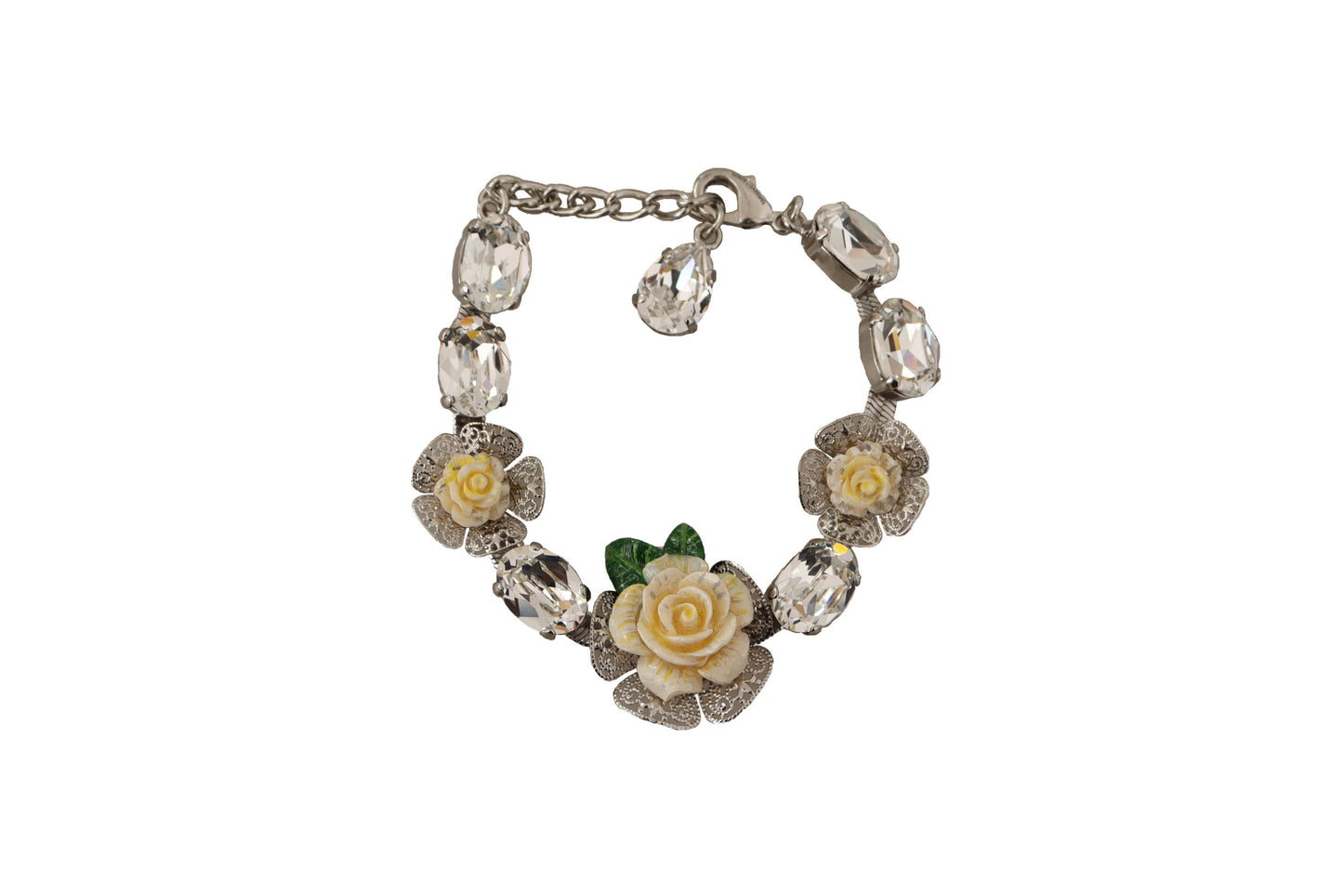 Dolce & Gabbana Silver Brass Chain Clear Crystal Floral Bracelet - DEA STILOSA MILANO