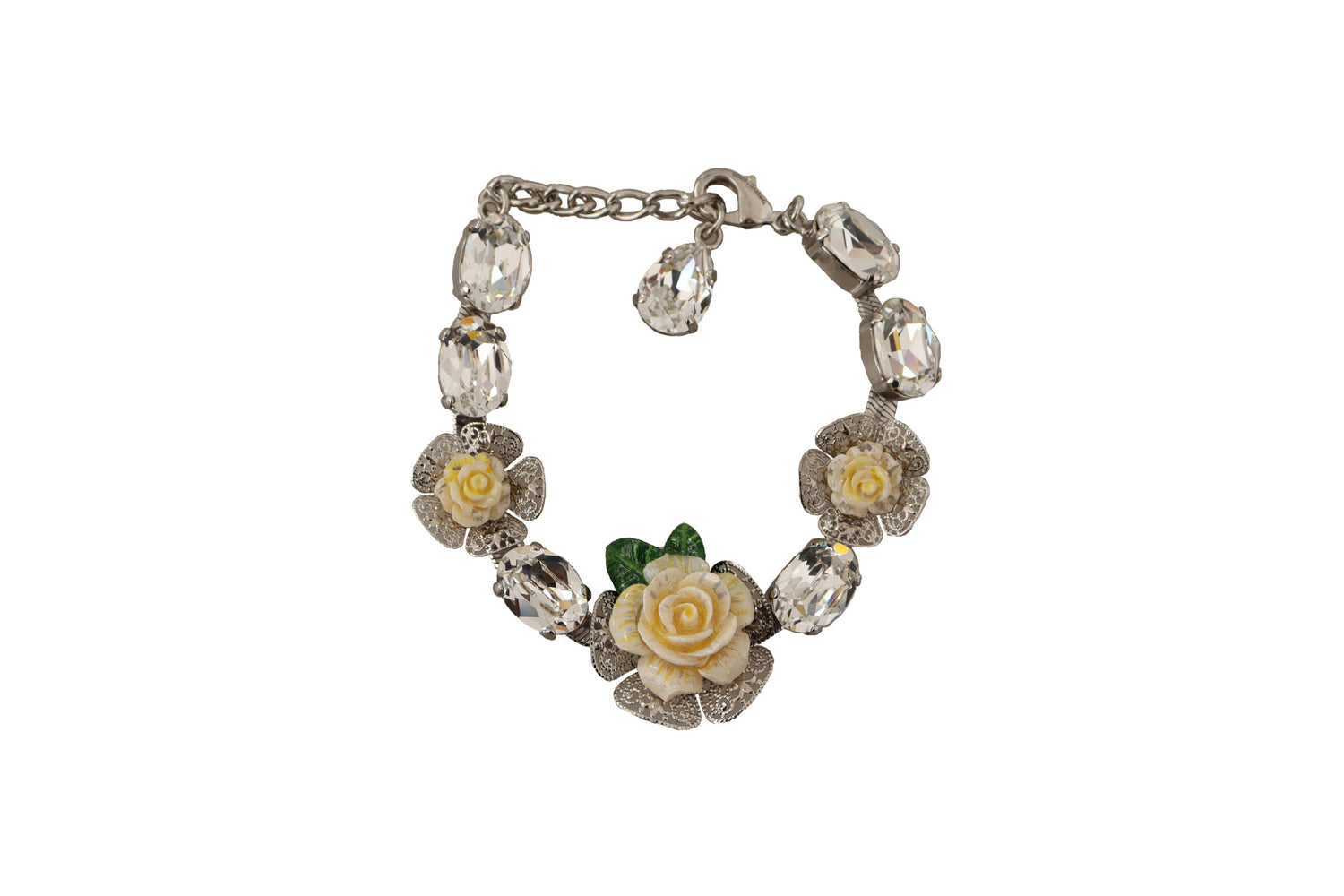 Dolce & Gabbana Silver Brass Chain Clear Crystal Floral Bracelet - DEA STILOSA MILANO