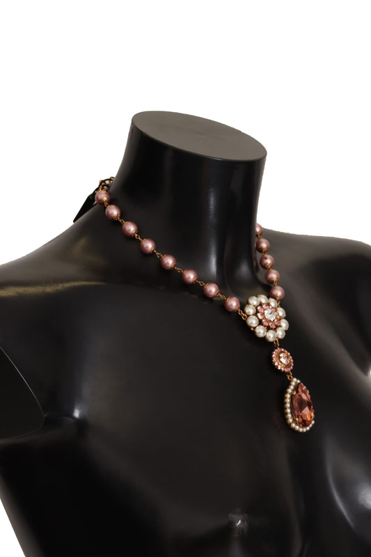 Dolce & Gabbana Gold Tone Brass Pink Beaded Pearls Crystal Pendant Necklace - DEA STILOSA MILANO