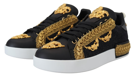 Dolce & Gabbana Black Gold Baroque Portofino Leather Sneakers Shoes - DEA STILOSA MILANO