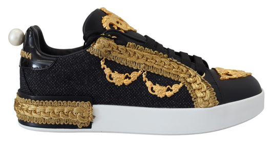 Dolce & Gabbana Black Gold Baroque Portofino Leather Sneakers Shoes - DEA STILOSA MILANO