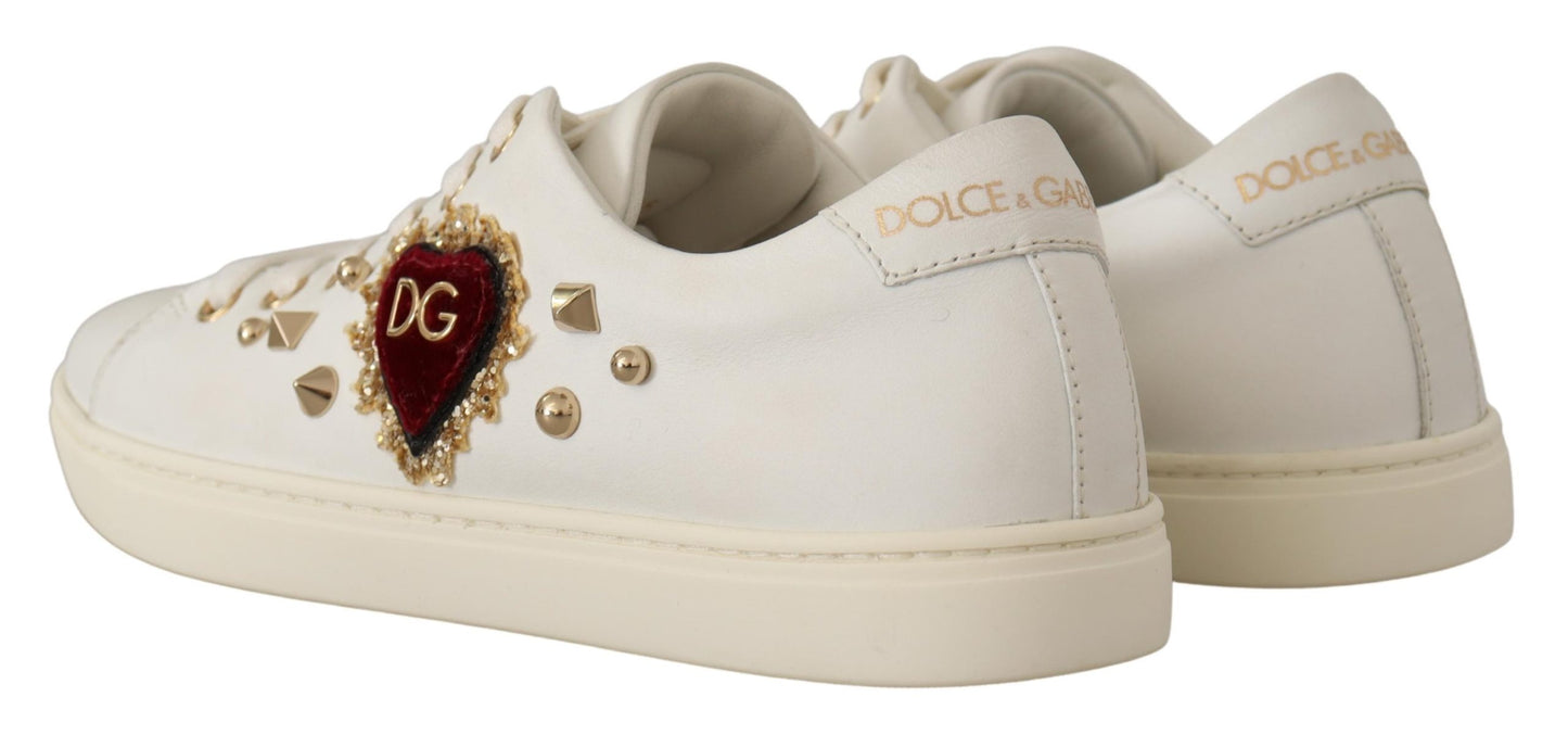 Dolce & Gabbana White Leather Gold Red Heart Sneakers Shoes - DEA STILOSA MILANO