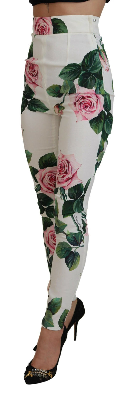 Dolce & Gabbana White Rose Print High Waist Pants - DEA STILOSA MILANO