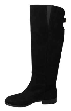 Dolce & Gabbana Black Suede Knee High Flat Boots Shoes - DEA STILOSA MILANO