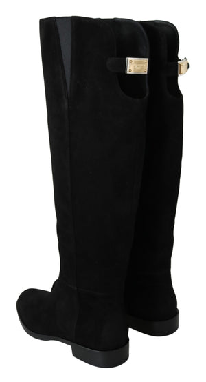 Dolce & Gabbana Black Suede Knee High Flat Boots Shoes - DEA STILOSA MILANO