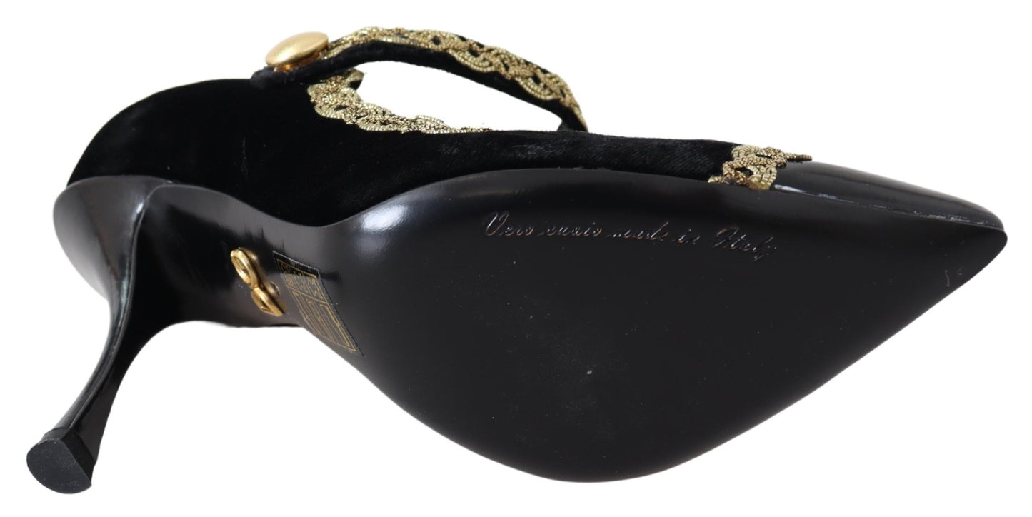 Dolce & Gabbana Black Velvet Gold Mary Janes Pumps - DEA STILOSA MILANO