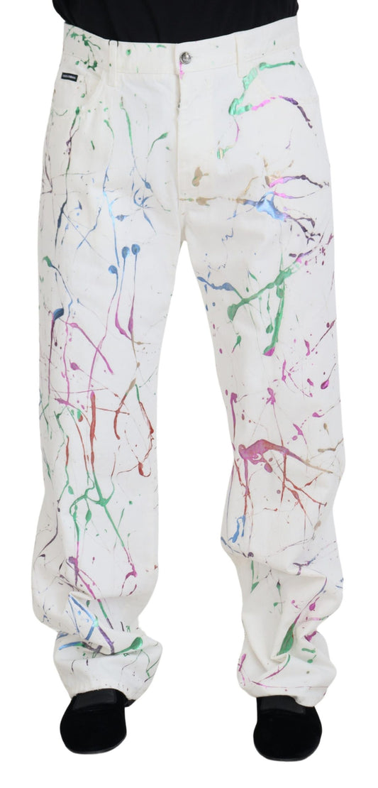 Dolce & Gabbana White Cotton Color Splash Print Denim Pants - DEA STILOSA MILANO