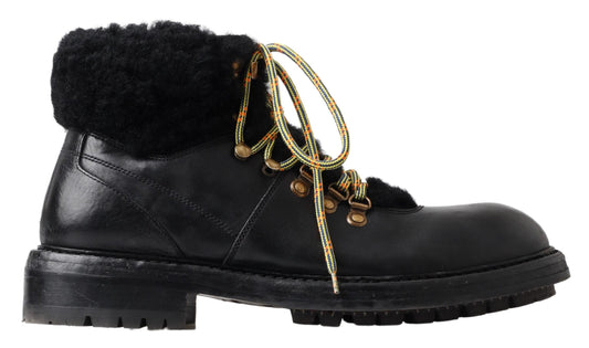 Dolce & Gabbana Black Leather Bernini Shearling Boots Shoes - DEA STILOSA MILANO