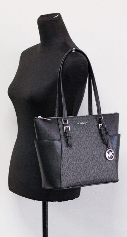 Michael Kors Charlotte Black PVC Leather Large Top Zip Tote Handbag Bag Purse - DEA STILOSA MILANO