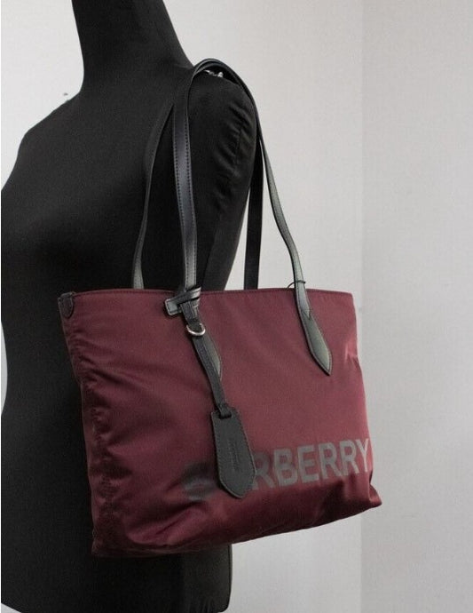 Burberry Small Burgundy Logo Branded Econyl Nylon Tote Shoulder Handbag Purse - DEA STILOSA MILANO