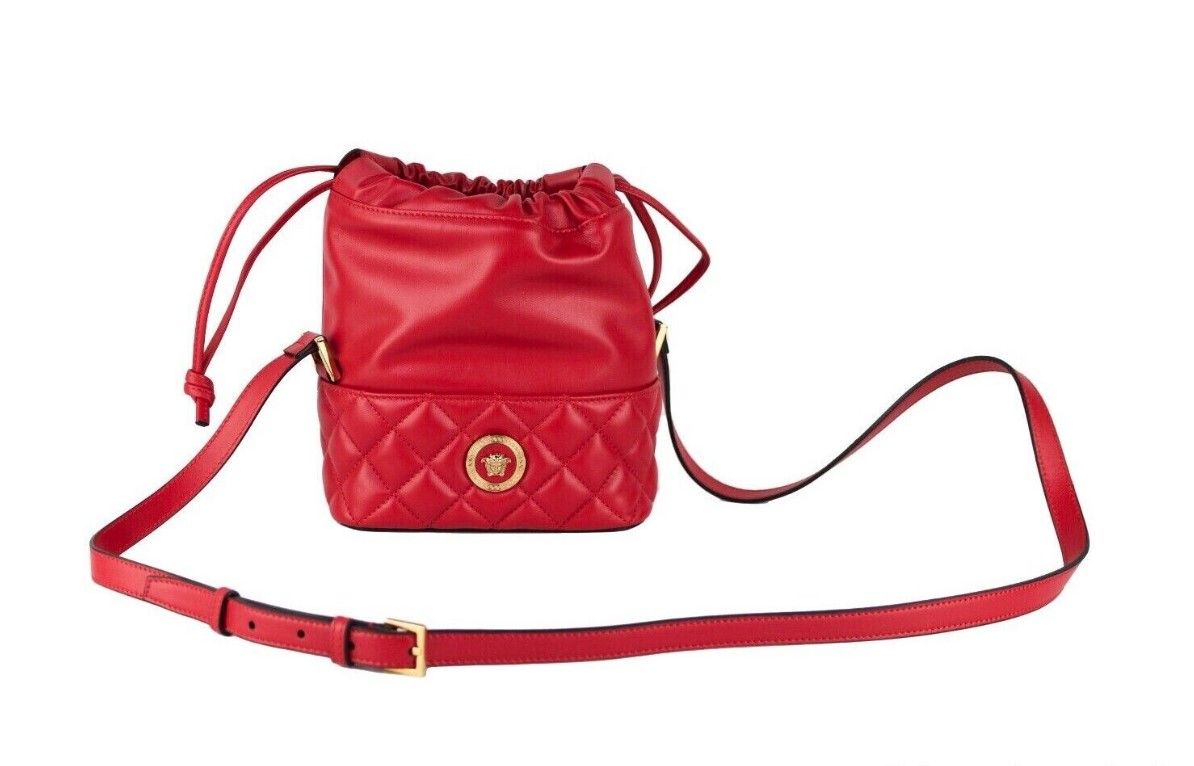 Versace Red Quilted Leather Drawstring Shoulder Bag Bucket Crossbody Handbag - DEA STILOSA MILANO