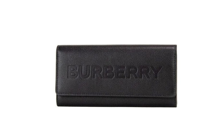 Burberry Porter Black Grained Leather Branded Logo Embossed Clutch Flap Wallet - DEA STILOSA MILANO