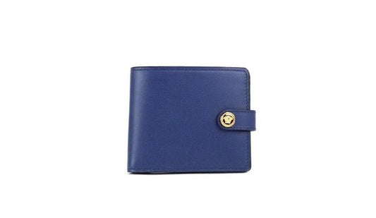 Versace Navy Blue Compact Smooth Leather Gold Toned Medusa Snap Bifold Wallet - DEA STILOSA MILANO