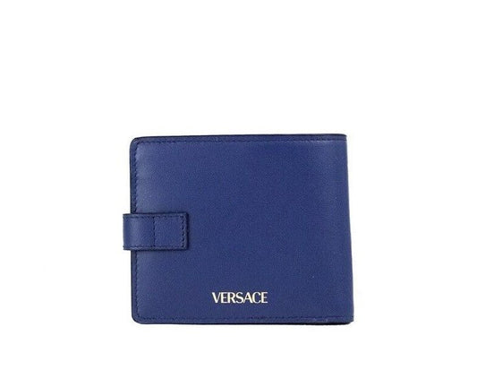 Versace Navy Blue Compact Smooth Leather Gold Toned Medusa Snap Bifold Wallet - DEA STILOSA MILANO
