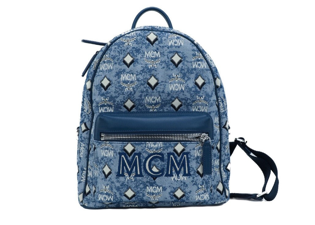 MCM Stark Small Blue Vintage Jacquard Monogram Logo Fabric Backpack Bookbag - DEA STILOSA MILANO