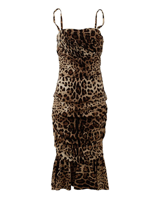 Dolce & Gabbana Brown Leopard Print Ruched Midi Dress - DEA STILOSA MILANO