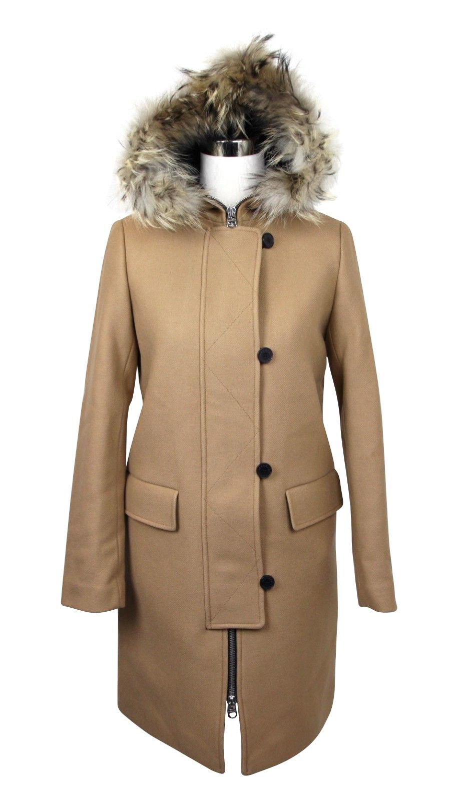 Sandro Women's Camel Kurt Wool Coat Fur Trim Hood - DEA STILOSA MILANO