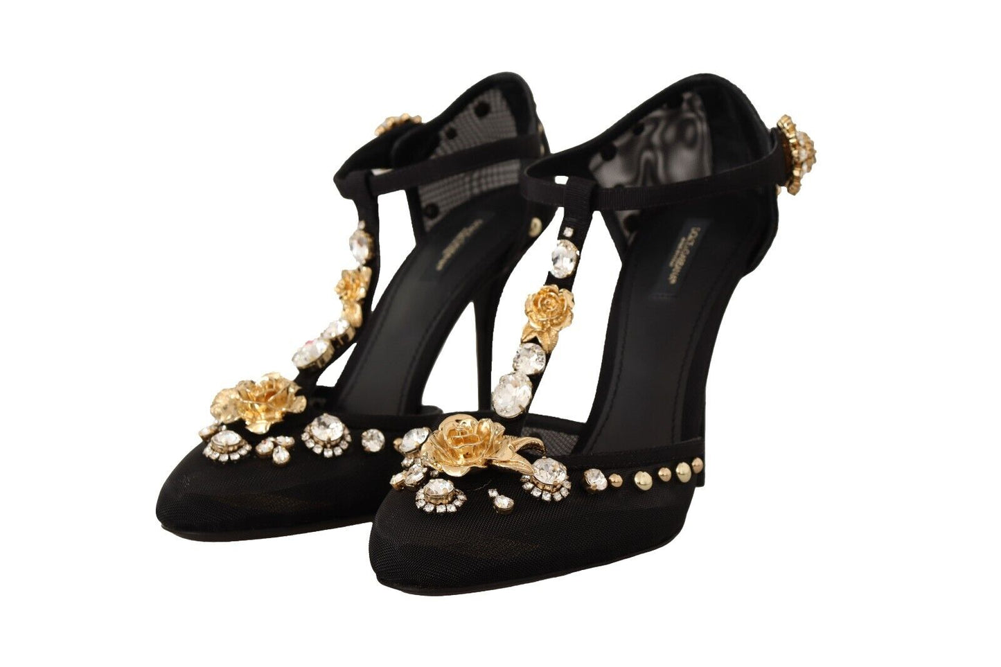 Dolce & Gabbana Black Mesh Crystals T-strap Heels Pumps Shoes - DEA STILOSA MILANO