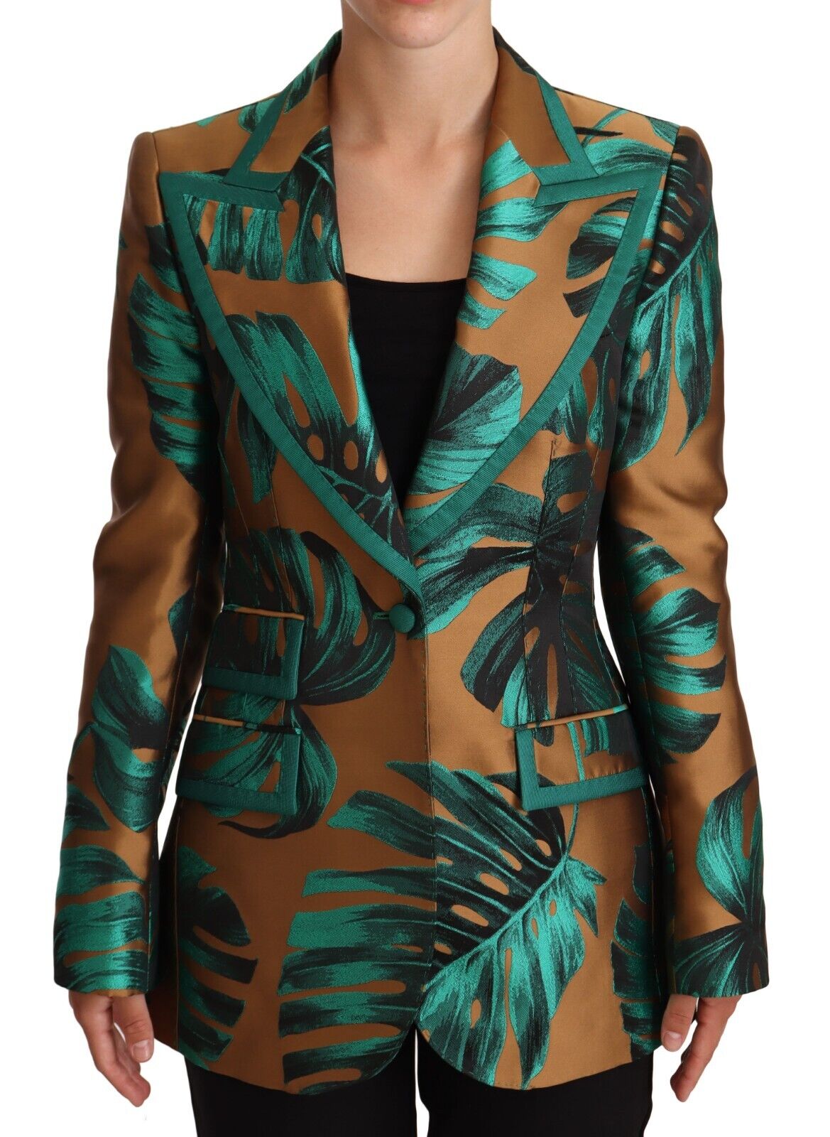 Dolce & Gabbana Brown Green Leaf Jacquard Coat Jacket - DEA STILOSA MILANO