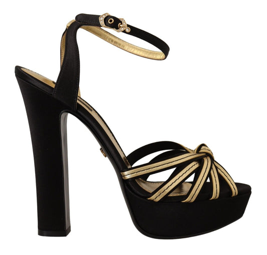 Dolce & Gabbana Black Gold Viscose Ankle Strap Heels Sandals Shoes - DEA STILOSA MILANO