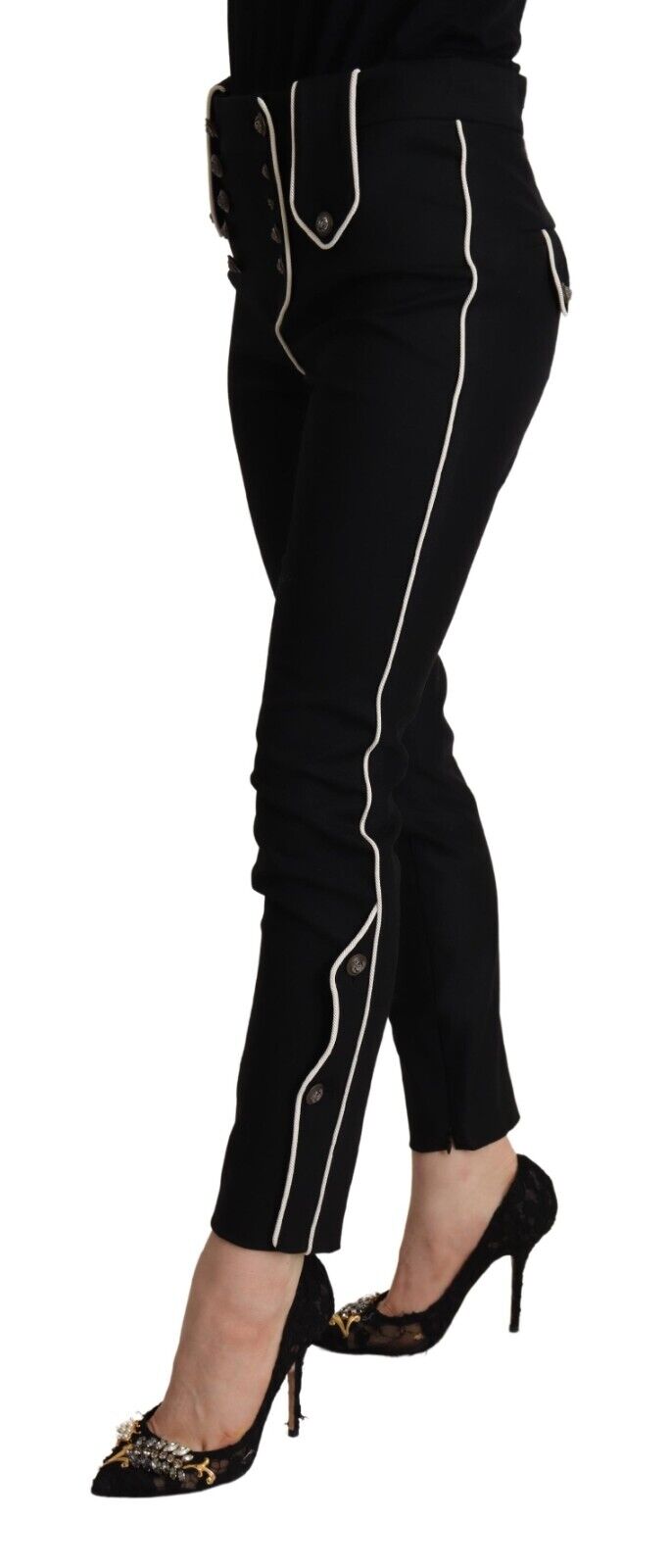 Dolce & Gabbana Black Mid Waist Button Embellished Slim Fit Pants - DEA STILOSA MILANO