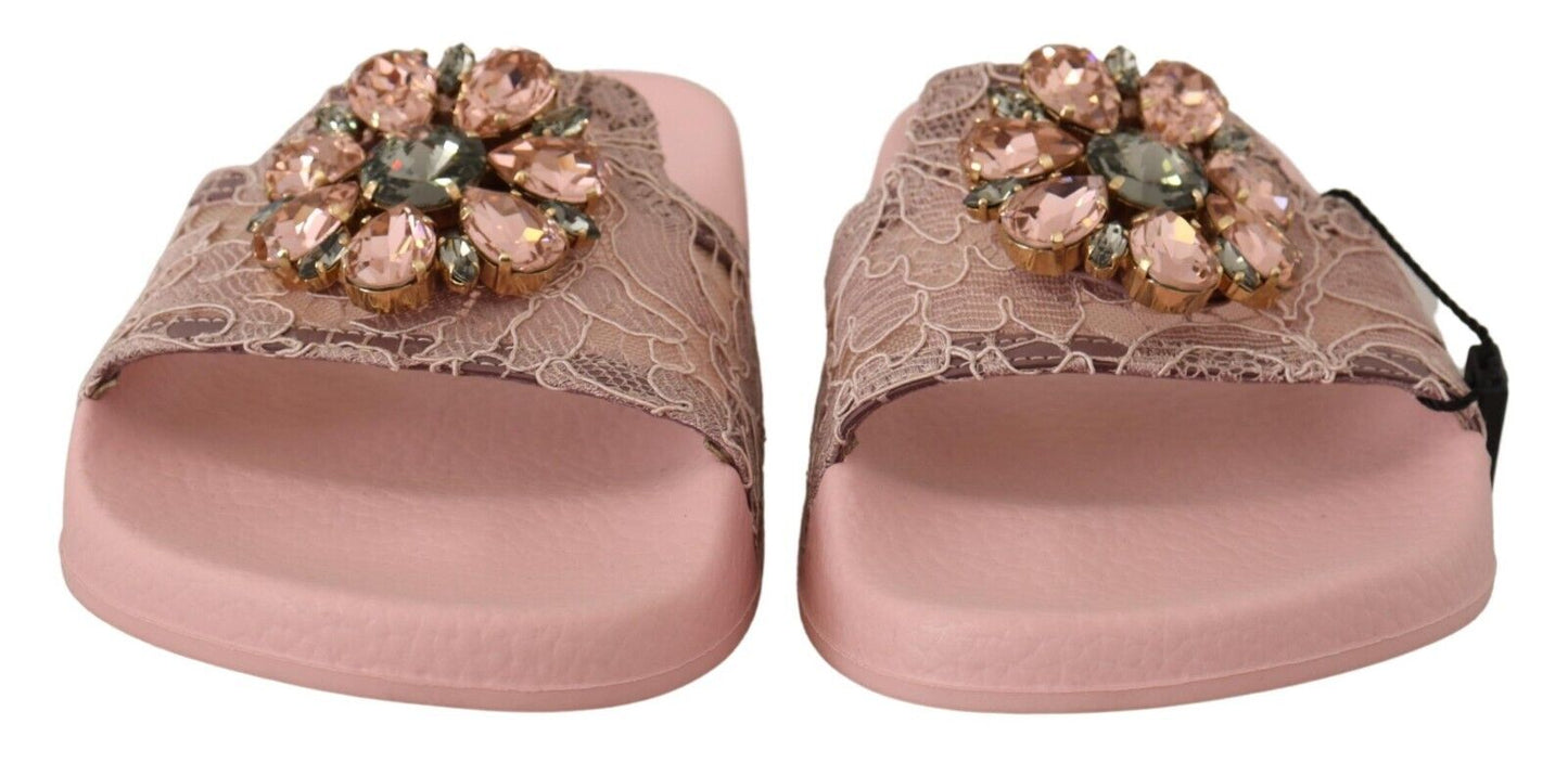 Dolce & Gabbana Pink Lace Crystal Sandals Slides Beach Shoes - DEA STILOSA MILANO