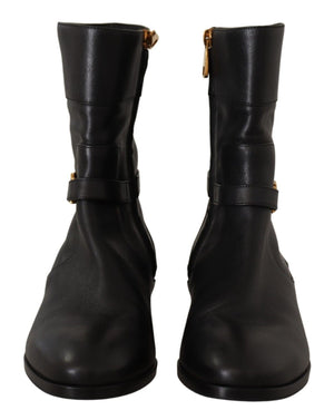 Dolce & Gabbana Black Leather Flats Logo Short Boots Shoes - DEA STILOSA MILANO