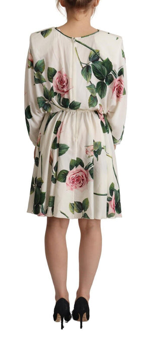 Dolce & Gabbana White Rose Print Long Sleeves A-line Dress - DEA STILOSA MILANO
