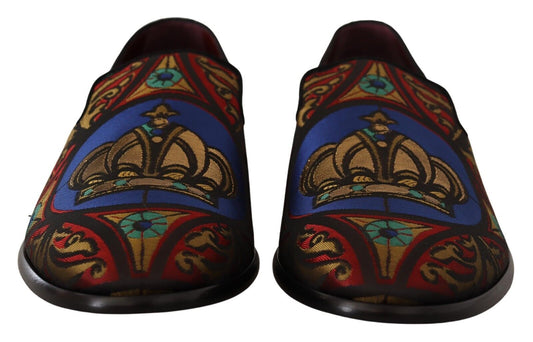 Dolce & Gabbana Multicolor Jacquard Crown Slippers Loafers Shoes - DEA STILOSA MILANO