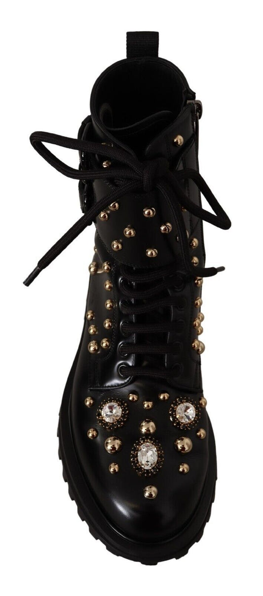Dolce & Gabbana Black Leather Crystal Embellished Boots Shoes - DEA STILOSA MILANO