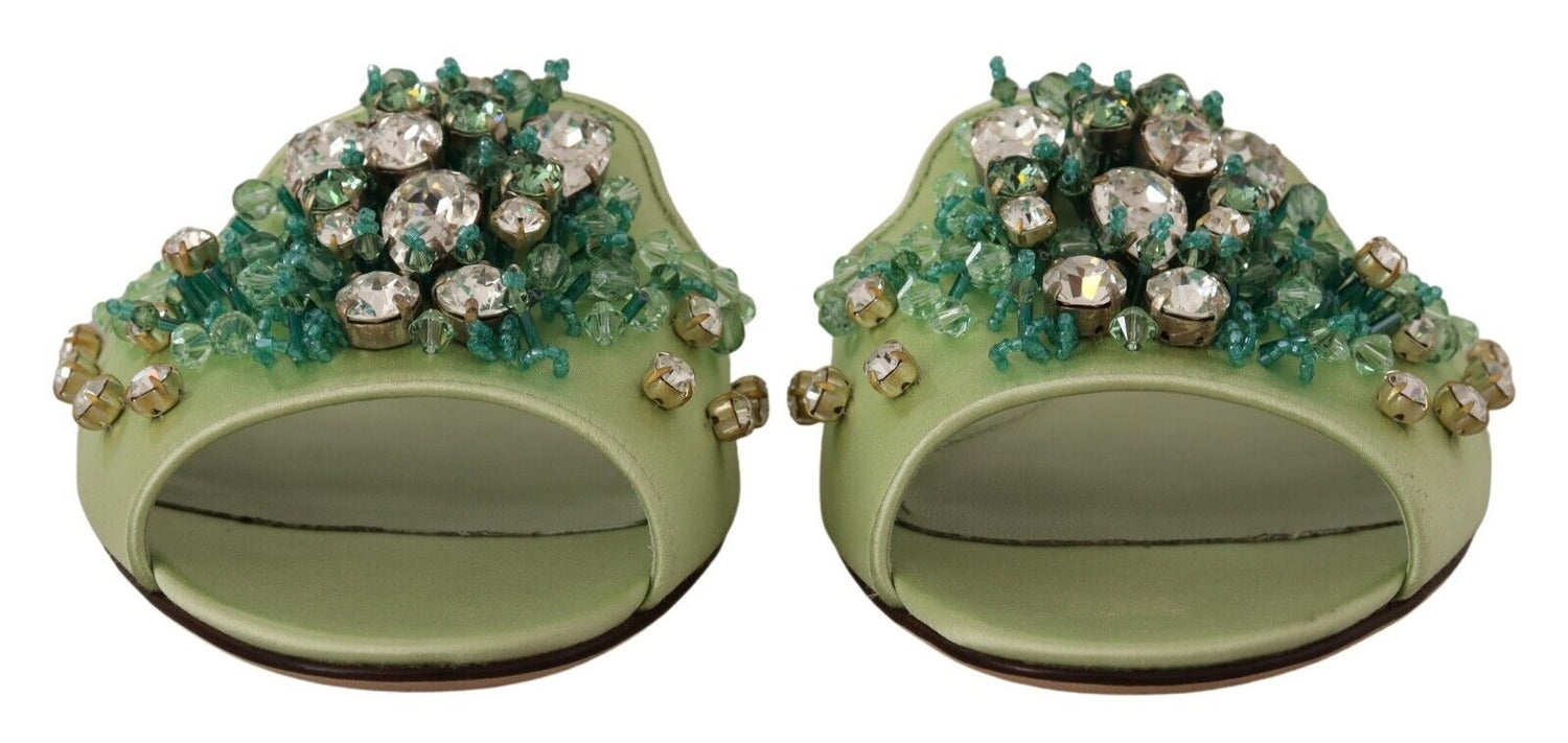 Dolce & Gabbana Green Leather Crystals Slides Women Flats Shoes - DEA STILOSA MILANO