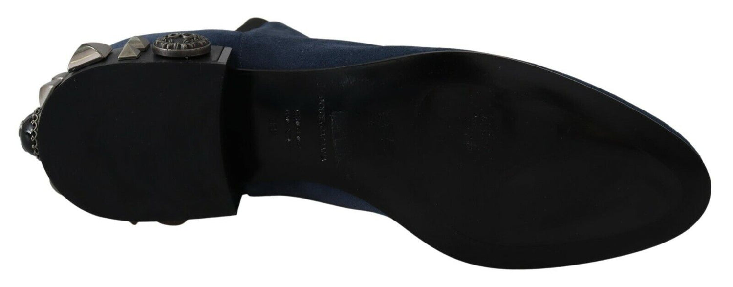 Dolce & Gabbana Blue Suede Embellished Studded Boots Shoes - DEA STILOSA MILANO
