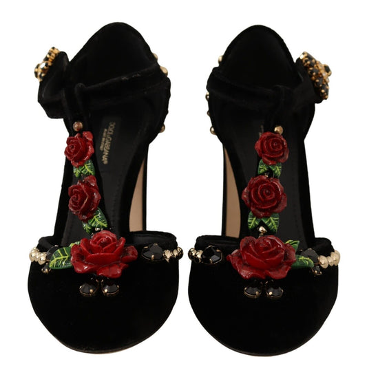Dolce & Gabbana Black Mary Jane Pumps Roses Crystals Shoes - DEA STILOSA MILANO