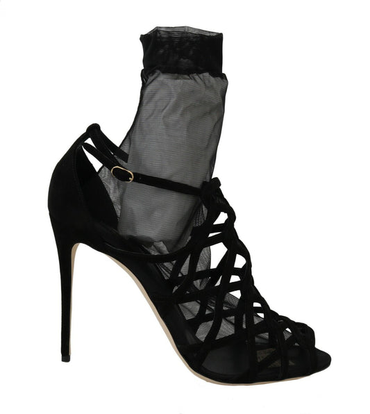 Dolce & Gabbana Black Suede Tulle Ankle Boots Sandal Shoes - DEA STILOSA MILANO
