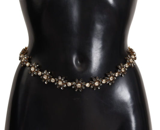 Dolce & Gabbana Black Daisy Crystal Dauphine Texture Belt - DEA STILOSA MILANO
