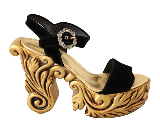 Dolce & Gabbana Black Gold Baroque Velvet Heels Crystal Shoes - DEA STILOSA MILANO