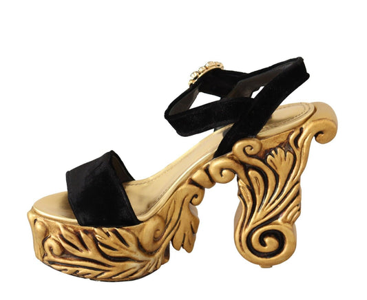 Dolce & Gabbana Black Gold Baroque Velvet Heels Crystal Shoes - DEA STILOSA MILANO
